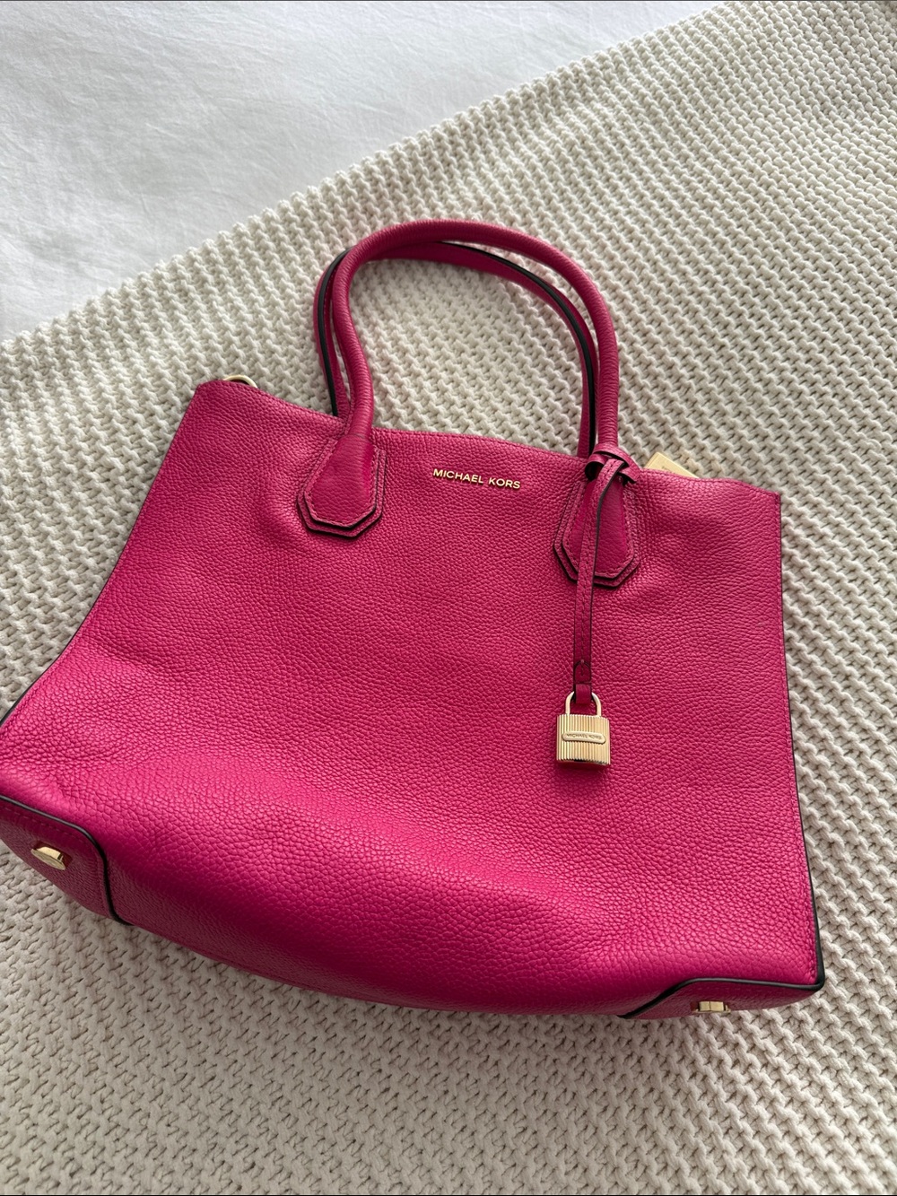 Michael Kors Hot Pink Pebbled Leather Tote with Gold Padlock